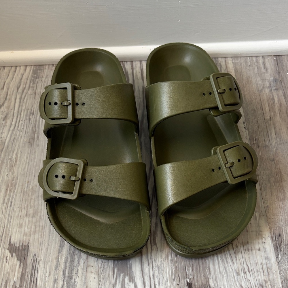 Olive Green Double-Buckle Slide Sandals